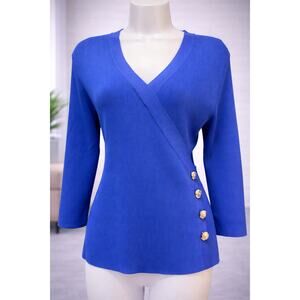 Cable & Gauge Blue Wrap Sweater Top Large V-Neck Ribbed Button Detail